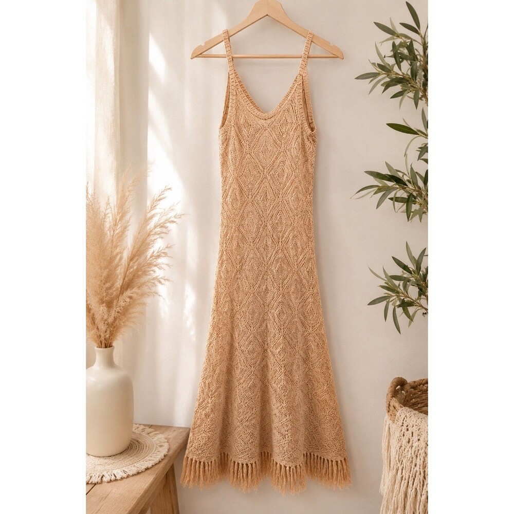 Pink Lily Beige Crochet Fringe Maxi Dress Women’s L Boho Lined Runs Small